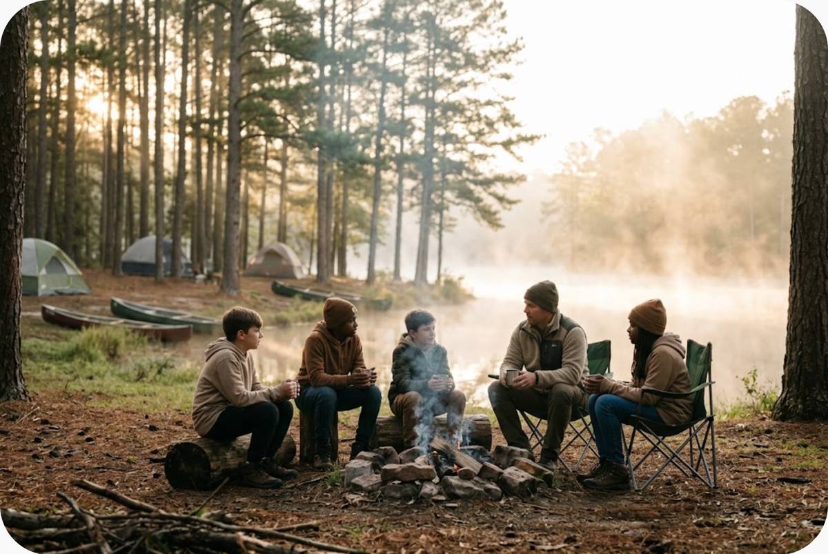 A group sits around a morning campfire by a misty lake at camp, with tents among the pines.