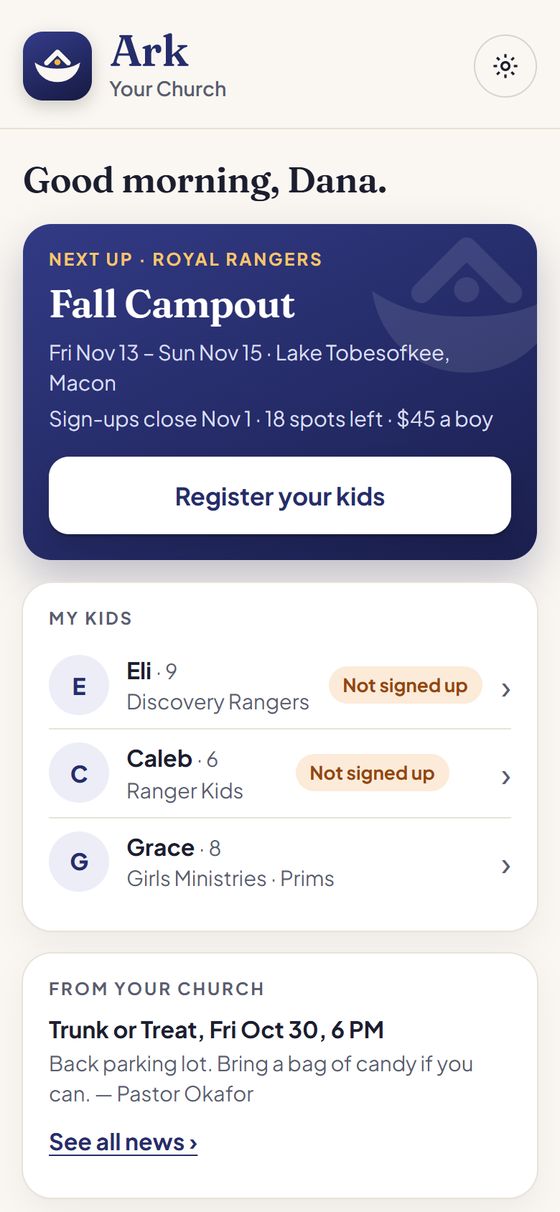 A parent's Home screen in Ark
