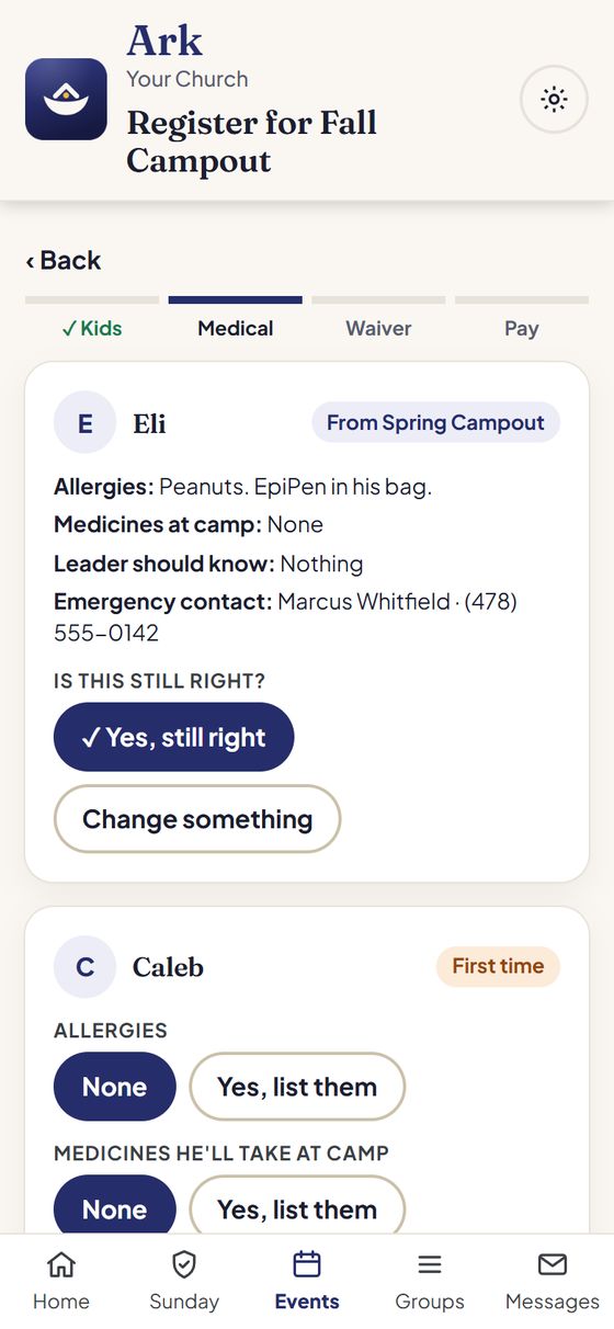 Step 2, Medical: Eli's allergies, medicines and emergency contact from his last event, with a Yes, still right button. Caleb is new, so None is already picked for each question.